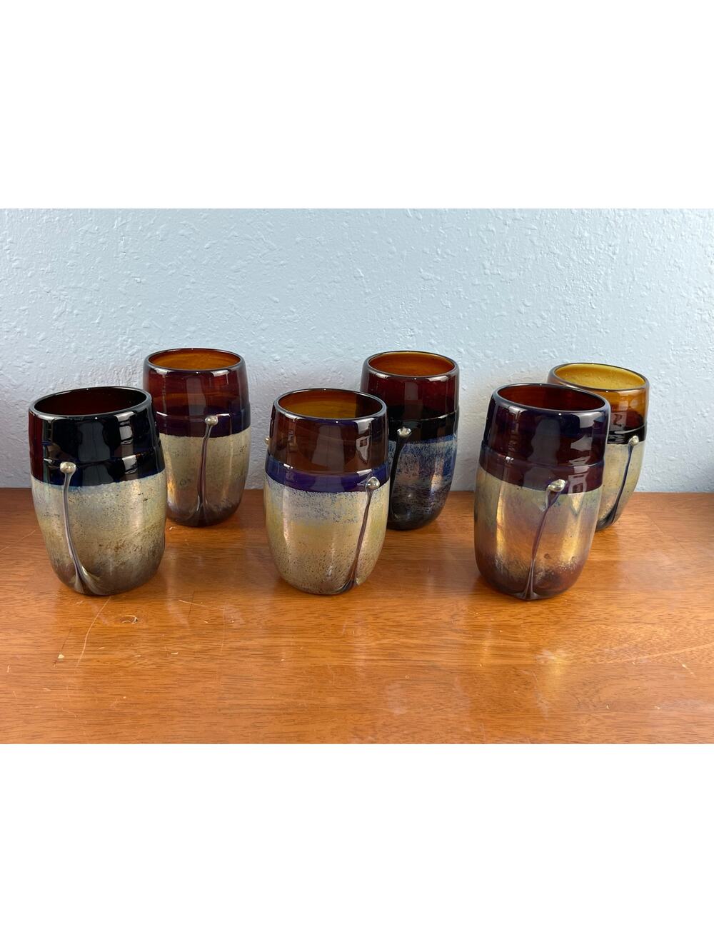 VTG Frederck Warren Art Glass Tumblers Set of 6 Amber Cobalt Iridescent